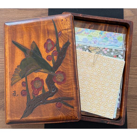 Vintage Japanese Urushi Lacquer Art Wooden Box, Handcarved Bird & Flower, Signed - Picture 1 of 16